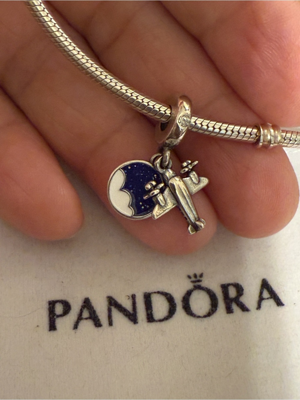 Pandora Silver Airplane Charm with Dark Blue Enamel Disc